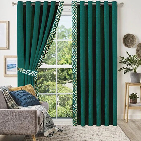 Luxury Velvet Curtains Side Border – Green & White