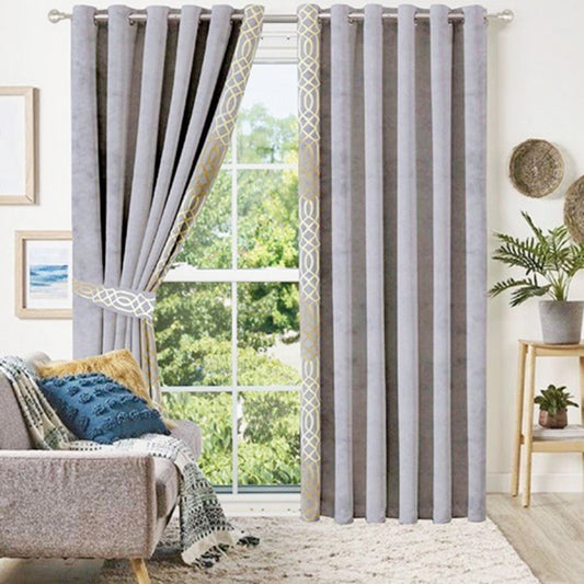 Luxury Velvet Curtains Side Border – Grey & White