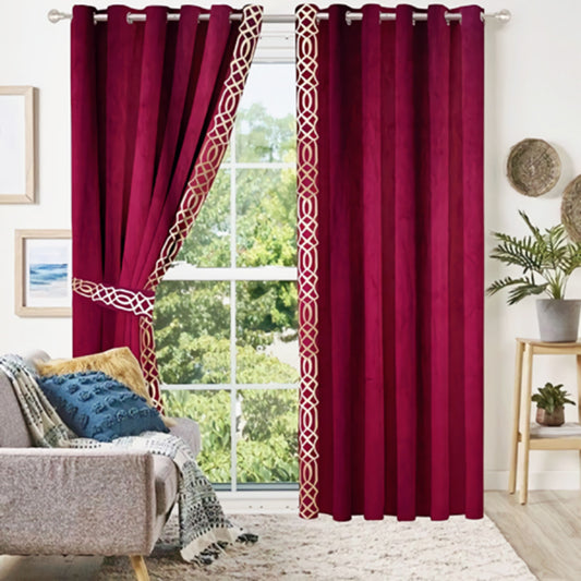 Luxury Velvet Curtains Side Border – Maroon & White